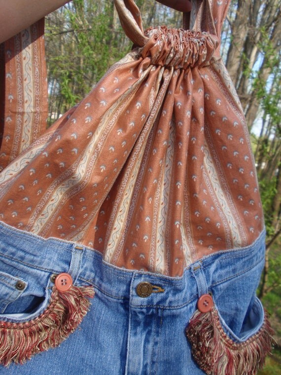 Denim vintage bag tote purse bookbag backpack repurposed jeans