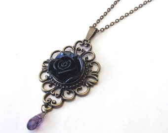 Gothic Black Rose Necklace with Amethyst Glass Drop, Victorian Necklace, Flower Necklace, Gothic Necklace