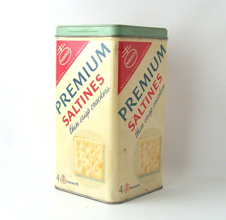 vintage saltines tin premium crackers storage by RecycleBuyVintage
