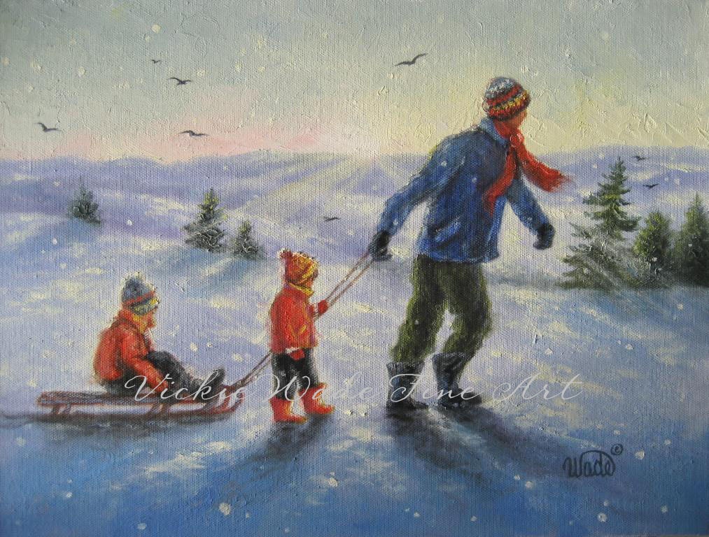 Sledding With Dad Original Oil Painting boy and girl