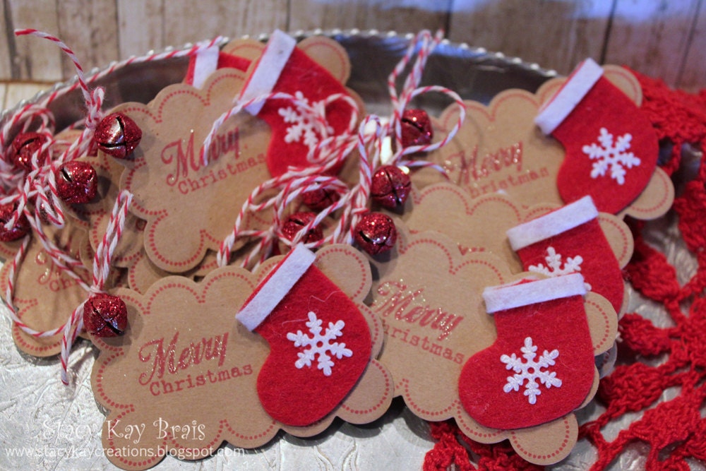 Set of 12 Handmade/Handstamped Stocking Christmas Gift Tags