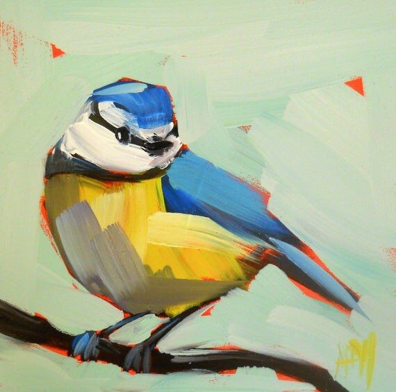 blue titmouse on branch original painting by moulton 5 x 5