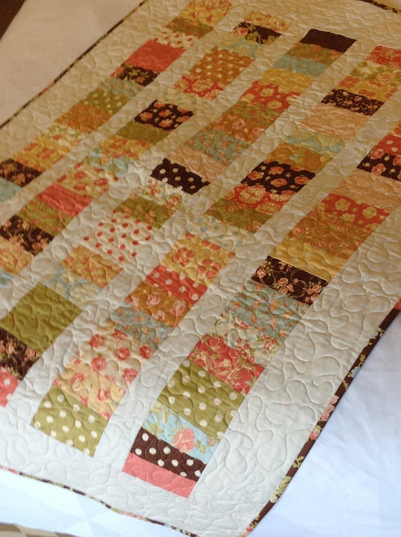 Baby Girl Quilt in brown blue peach cream by ModernMaterialGirl