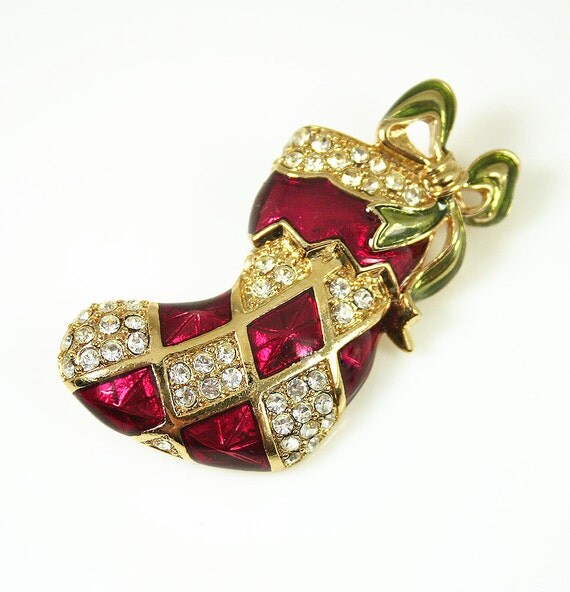 Vintage Brooch Christmas Stocking Rhinestone Enamel