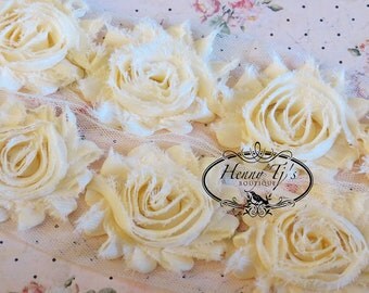 1 yard Chiffon Shabby Rose Trim, Hair Bow. 2 1/2 inch- Chiffon Rossettes Trim in BUTTER, Hair Bow