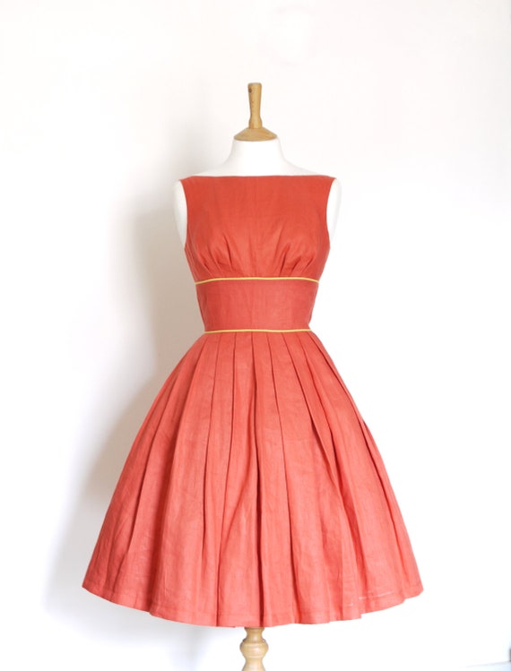 Terracotta Red Linen Tiffany Prom Dress Made by Dig For