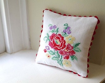 Valentine's Gift: Red Rose Embroidery Pillow- Vintage Hand Cross Stitch Floral- Shabby Chic Home Decor - Recycled- Includes Insert