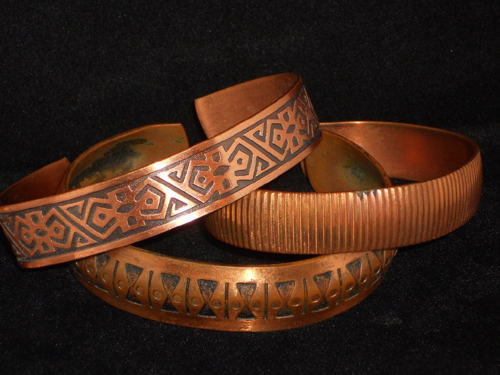 Vintage Lot Copper Native American Cuff Bracelets Three Mens
