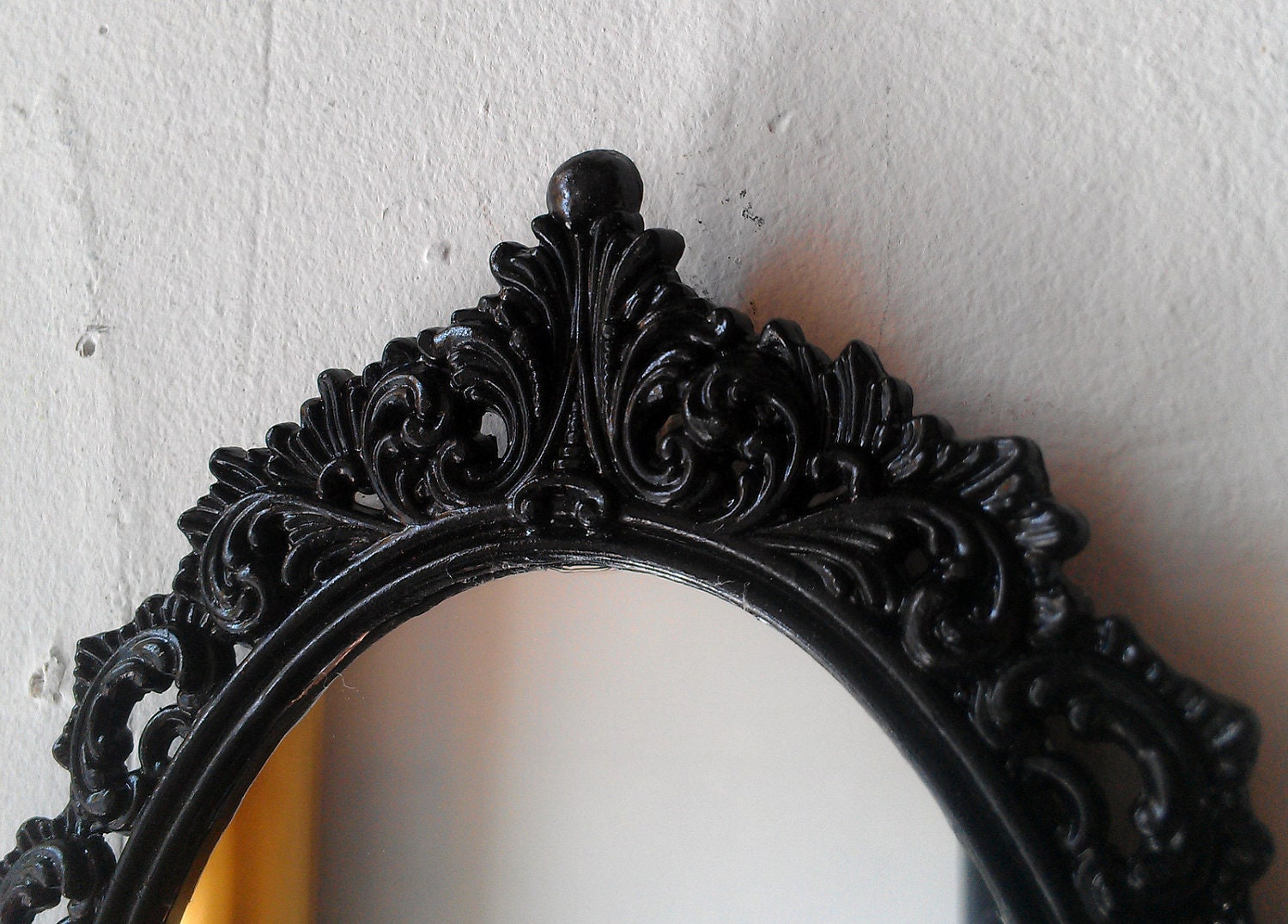 Black Oval Mirror in Ornate Vintage Brass Filigree Frame
