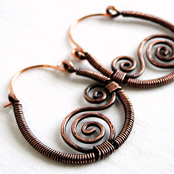 Spiral Earrings Hoop Earrings Wire Wrapped Jewelry Antiqued
