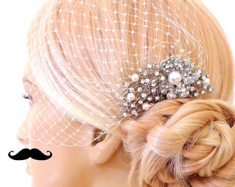 birdcage veil and a bridal comb (2 Items) - Swarovski Pearls Comb,Wedding comb,bridal headpieces , rhinestone bridal Hair comb