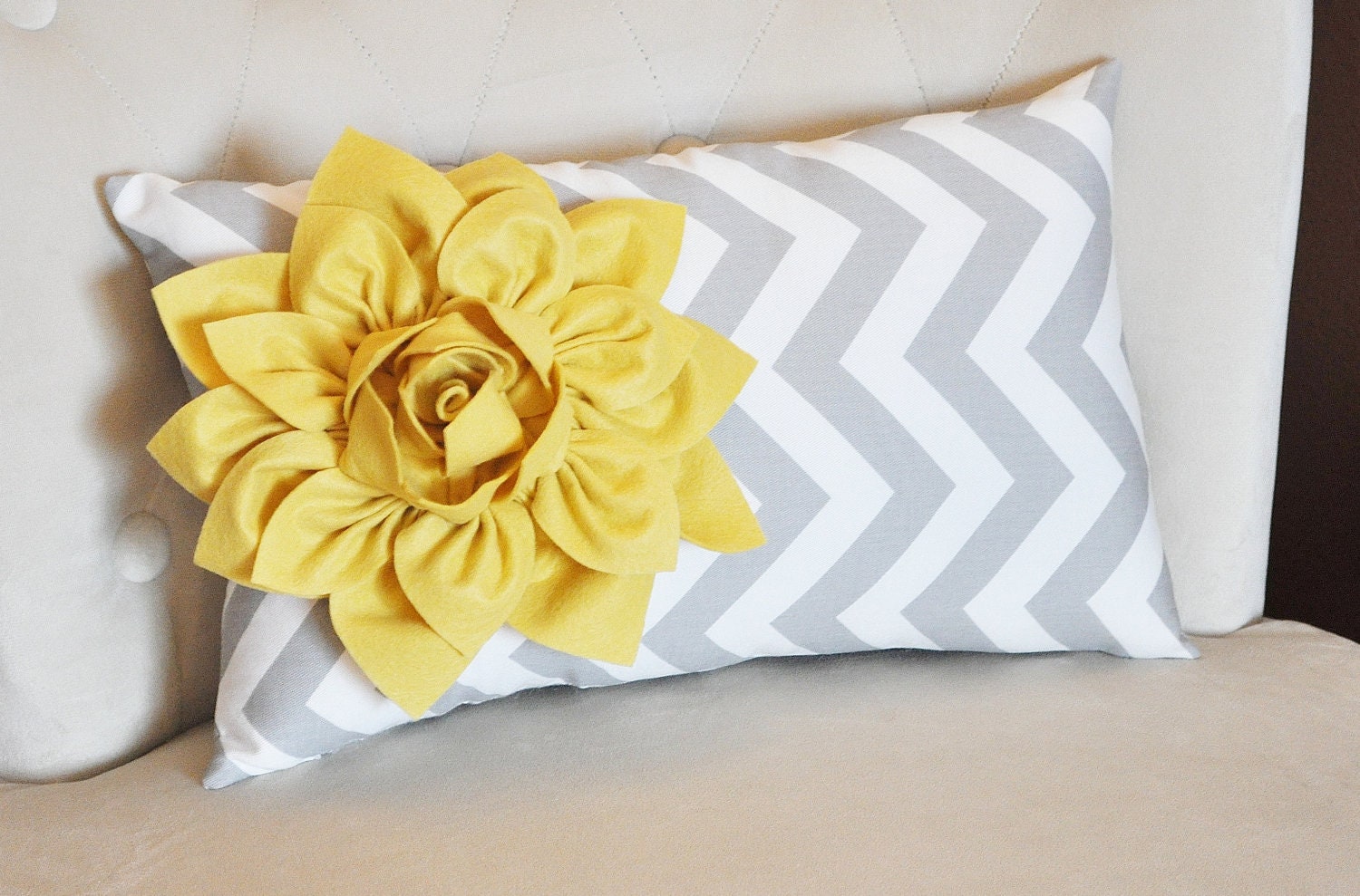 Chevron Lumbar Pillow Mellow Yellow Dahlia on Gray and White