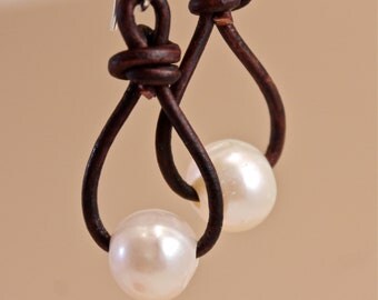 Pearl Earrings , Leather Earrings , Pearl Drop Earrings , Amy Fine Design