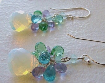 Sale Earrings. Opaline Moonstone Peridot Apatite Amethyst Gems.