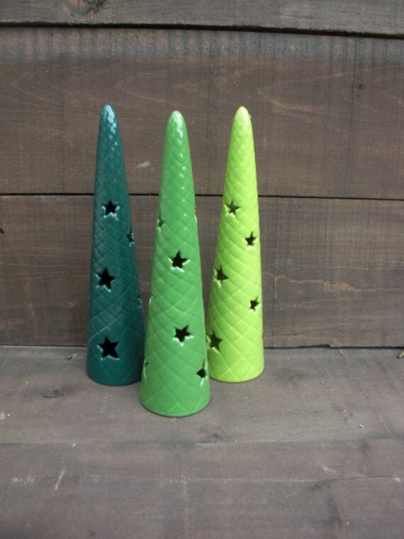 Set of Three Ceramic Christmas Tree Votive Candle Holders