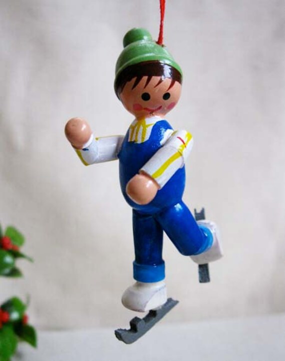 Vintage Ice Skating Boy Ornament Painted Wood Miniature Doll