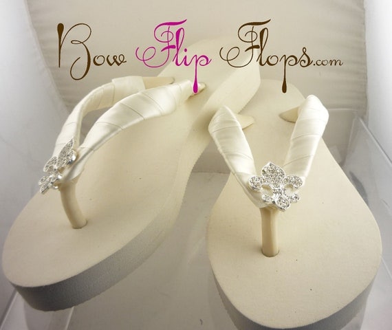 Ivory Wedge Bridal Flip Flops Fleur de Lis Rhinestone Satin Rhinestone ...