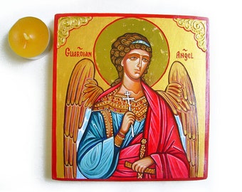 Guardian Angel Icon - handpainted icon orthodox style on wood panel, 6 x 5 2/3 inches