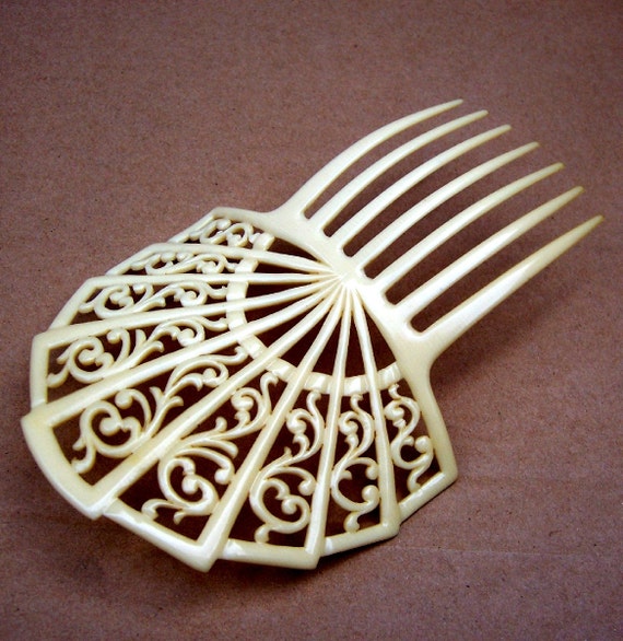 Vintage hair comb Victorian French Ivory fan shaped hair