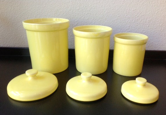 Vintage Set of 3 Yellow Ceramic Kitchen Canister Set