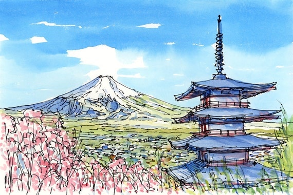 Fujiyama Mountain Red Pagoda Japan art print from an original