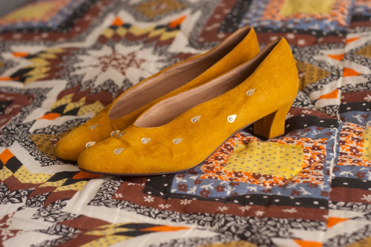Mustard Pumps Leather with Gold Raindrop detail Haute Juice
