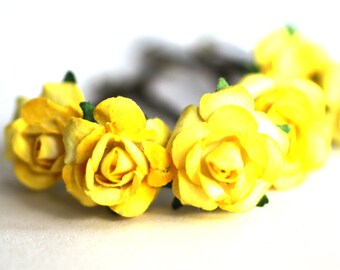 Sunshine Rose, Bridal Hair Accessories, Bohemian Wedding Hair Flower, Yellow Hair Flower, Brass Bobby Pins - Set of 6