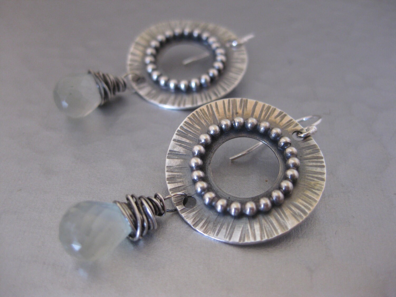 Beaded Disk Earring with Prehnite by StrawberryFrog on Etsy