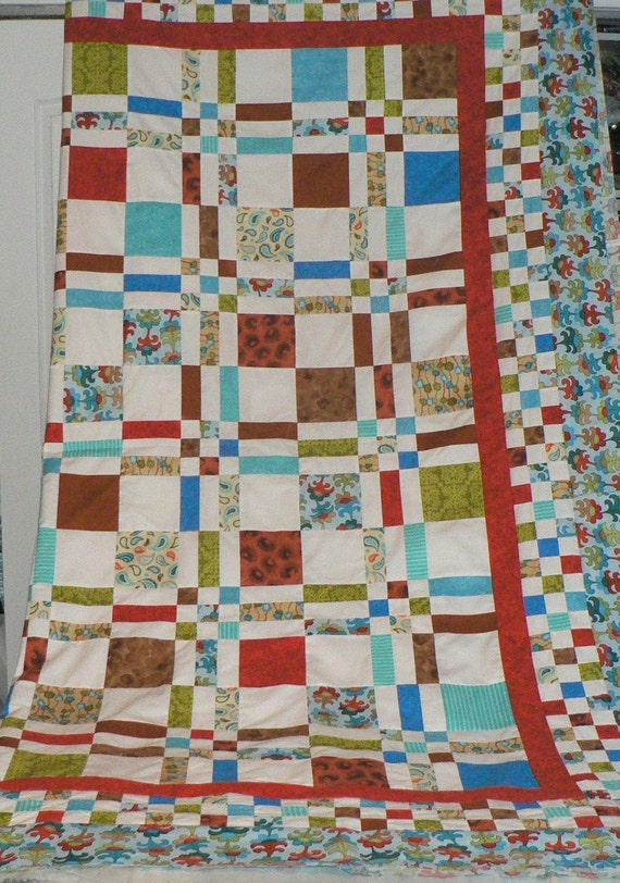 Turquoise Blue Orange and Green Quilt Top Unfinished