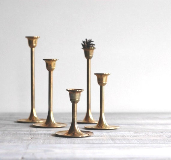 Vintage Brass Candle Holders / Set of 5 / Tulip Base