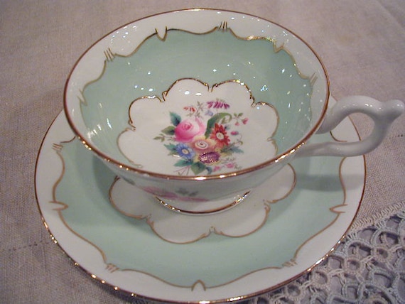 Vintage Gold Coalport cups Bone Saucer and Cup  and Mint Floral  vintage saucers Green China bone china