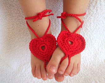 Red Heart Barefoot Baby Sandals-Crochet Baby Barefoot Sandals-Beach Anklet Yoga,Bridal Cuff Gypsy