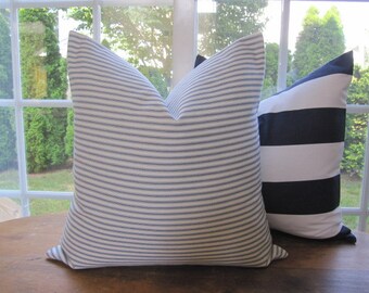 Pillow, Decorative Throw Pillow Cover, Blue Woven Cotton Ticking Stripe Pillow Cover 18 x 18, 20 x 20, 22 x 22, 24 x 24