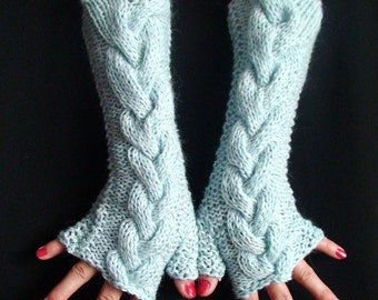 Fingerless Gloves Cabled Arm Warmers in Light Blue Extra Warm