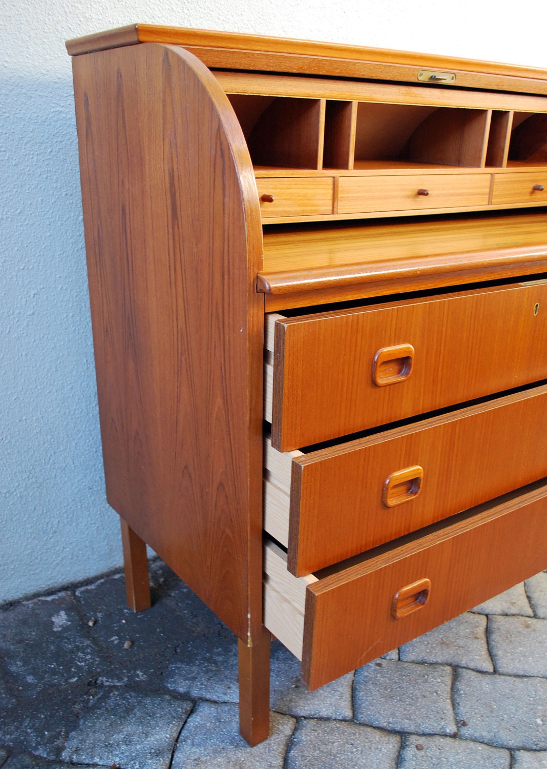 Mid Century Modern Teak Roll Top Dresser and Desk