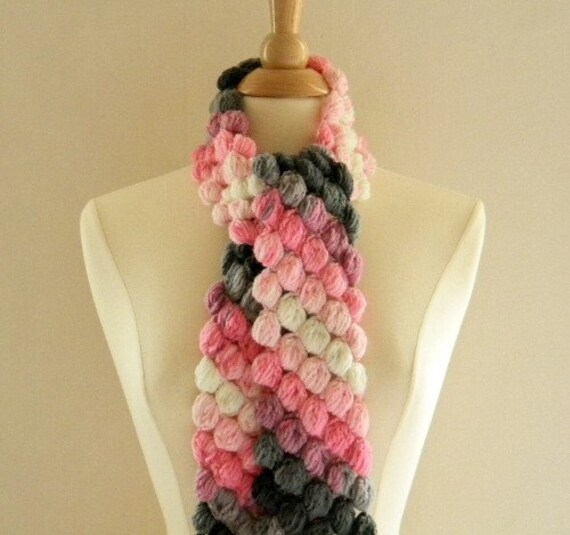 Crocheted Womens Puffy Bobble Scarf Neckwarmer Shades of Pink