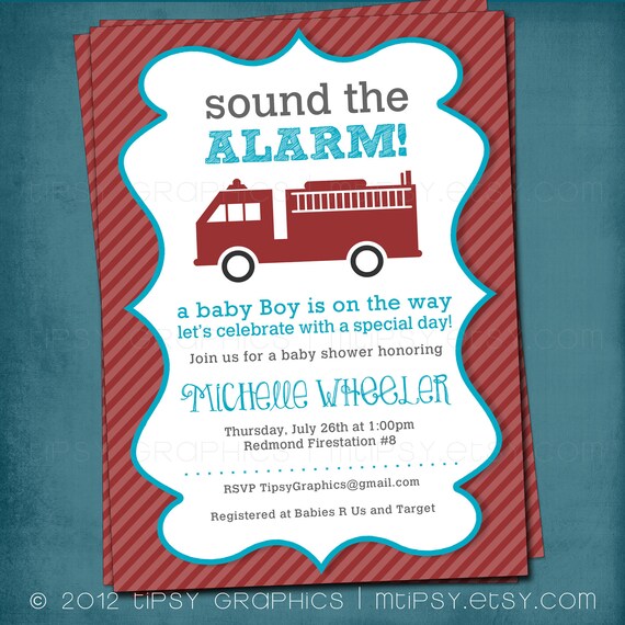 Sound the Alarm. Little Red Firetruck Baby Shower or Party Invite by Tipsy Graphics. Any colors Il_570xn