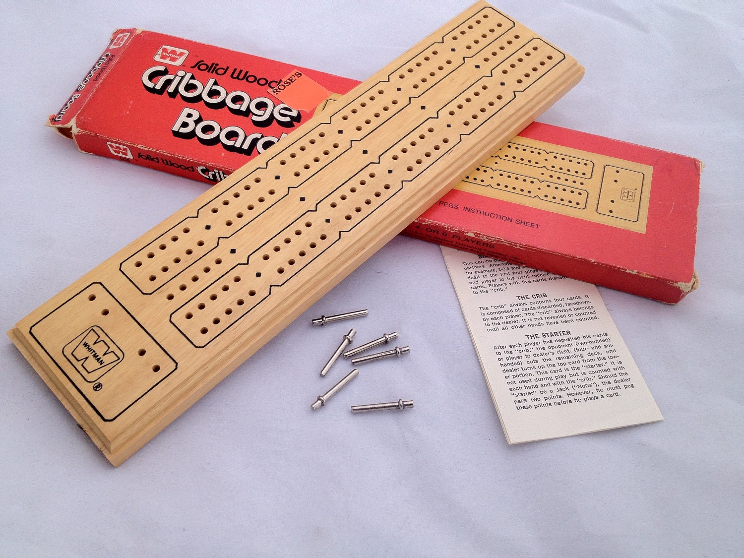 vintage Cribbage Board solid wood with handy peg holder in