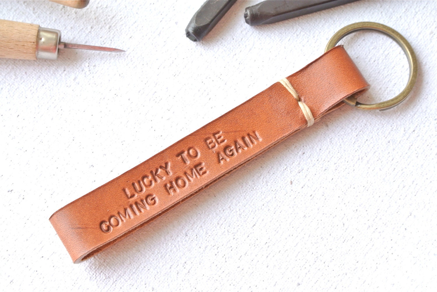 Personalized Fob Leather KeyChain . Hand-stitched stamped