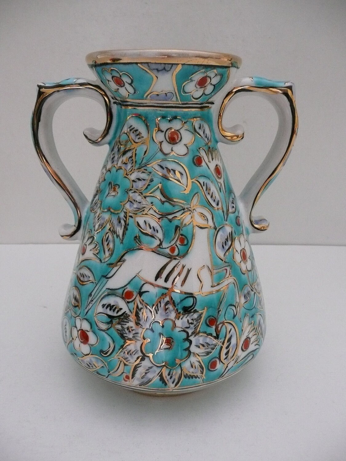 Ikaros Pottery of Rhodes Greece Aqua and Gold Two Handled Urn