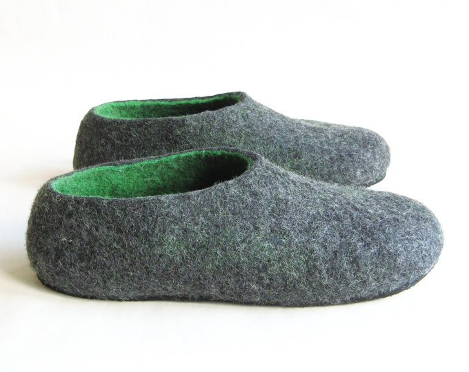 Mens Felted Slippers Green Black Tea, Wool House Shoes, Color Blocking, 6 Colors Rubber Soles, Outdoors TR soles, Mens Gifts Holidays