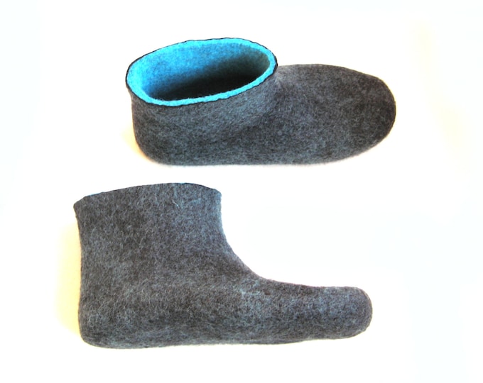 Men Felted Slippers Winter Wool Boots Turquoise Blue Black, Rubber Soles, Winter Slippers Clog Boots, Christmas In July, 7 Custom Colors