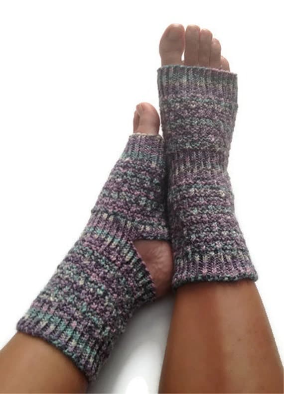 Toeless Yoga Socks Hand Knit in Blue and Purple Stripes