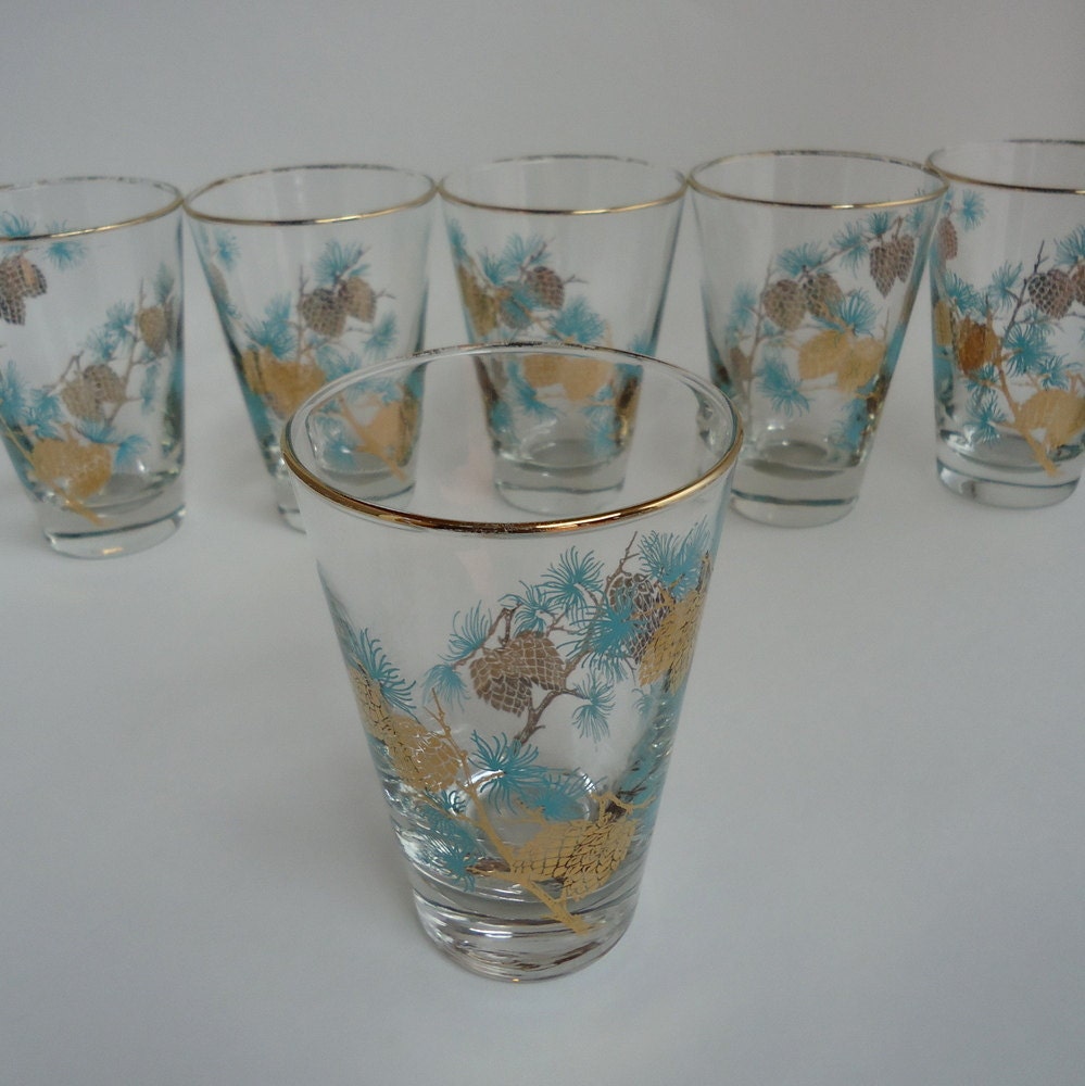 Vintage Libbey Aqua And Gold Pine Cone Glass Tumblers Set Of