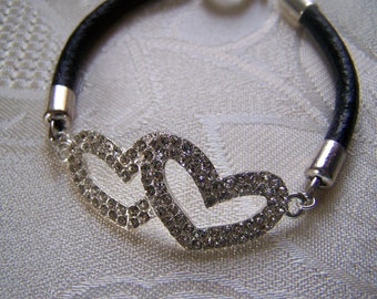 Pave Double Heart and Leather Bracelet Sale