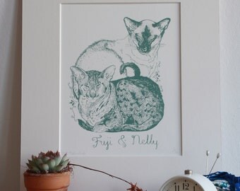 Siamese Cat Screenprint - Duck Egg on White