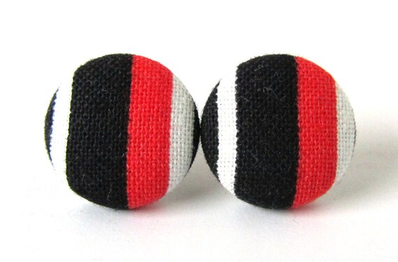 Fabric button earrings studs white red black by KooKooCraft