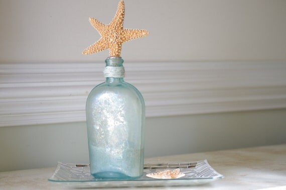 Vintage Aqua Glass Flask with Sugar Starfish by ByTheSeashoreDecor