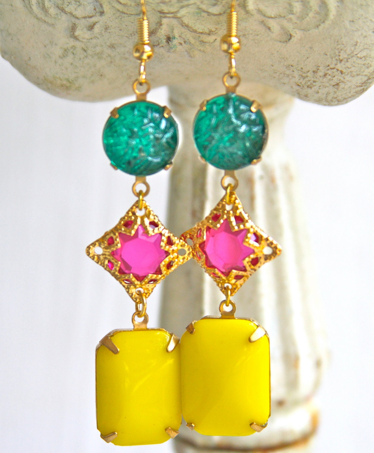Vintage Bright Yellow Glass Stones Fuchsia Pink by heathernn1