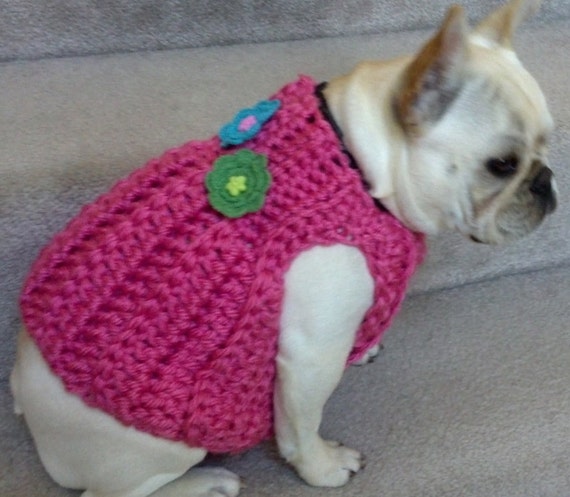 French Bulldog Hot Pink Crocheted Sweater with Flowers